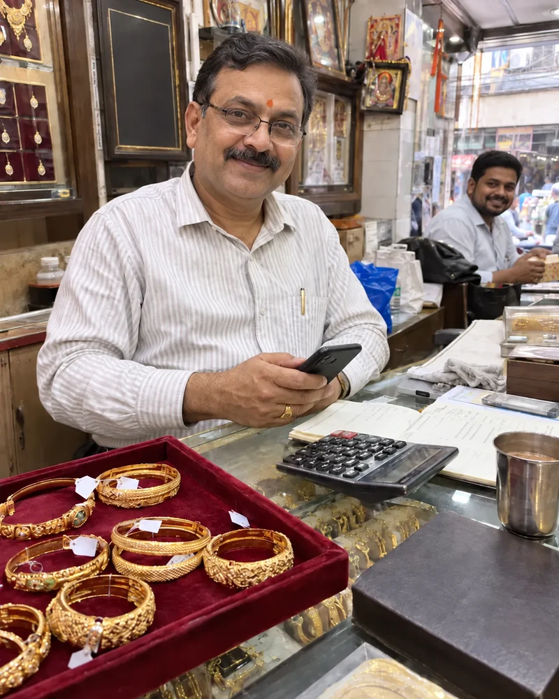 A smiling jeweller welcoming the camera from behind his display counter.